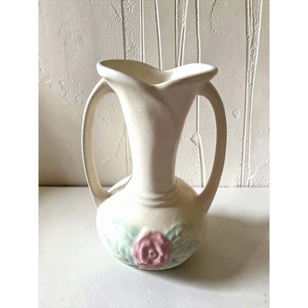 Vintage Hull USA Art Pottery Open Pink Yellow Rose Pattern 2 Handled Vase 7β
